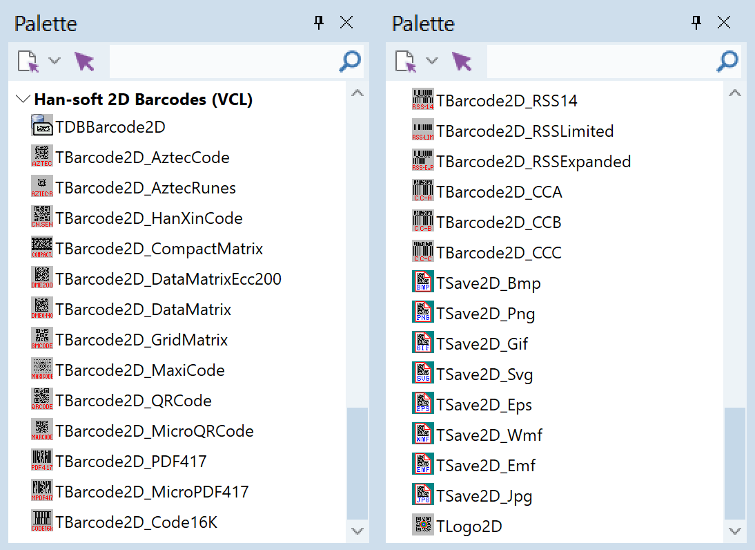 Barcode symbologies supported by 2D Barcode VCL Components